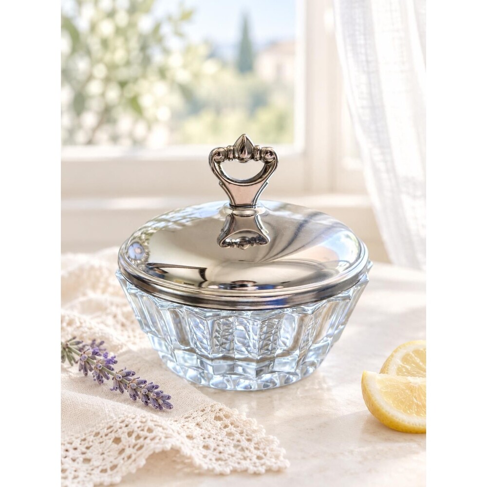 Vintage Glass Sugar Bowl with Silver Tone Lid – Candy Dish 4.5"
